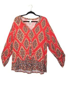 Style & Co Plus 3X Top Womens Lightweight Boho Print Roll Tab Sleeve Red Coral